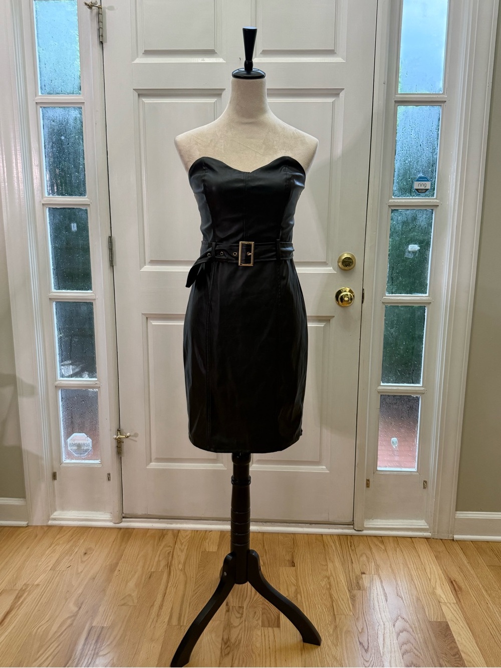 bebe Strapless Black Faux-Leather Belted Sheath Dress